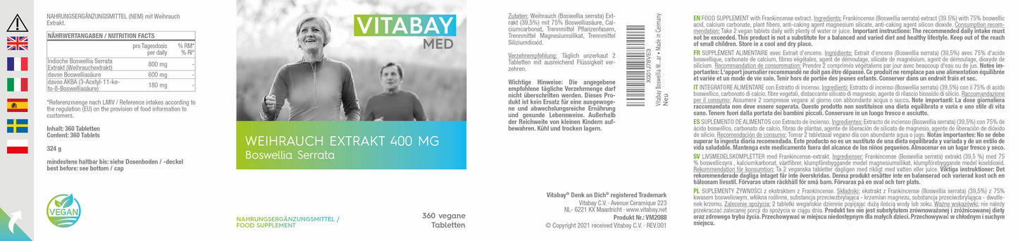 Boswellia Weihrauch Extrakt - 400 mg - 360 vegane Tabletten